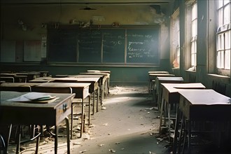 Abandoned school classroom desks in rows faded chalkboard evoking silent echoes of past lessons, AI