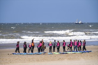 Course for surfers, surfing beginners, on the beach of Scheveningen, Netherlands