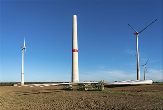 Wind farm near Bad Wünnenberg, construction site, storage area for a new wind turbine, components