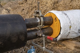 Laying of district heating pipes, next to a field, with maize, the district heating comes from a