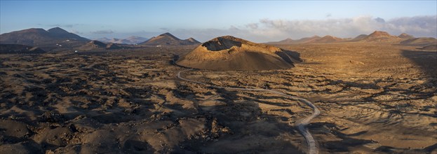 Aerial view of the El Cuervo volcano at sunrise, Lanzarote, Lanzarote, Canary Islands, Spain,