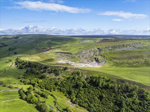 Farms and Mountains over Bainbridge Villagefrom a drone, Leyburn, North Yorkshire, England, United