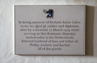 Memorial to Richard Adam Sykes in village parish church of Saint Michael, Wilsford cum Lake,