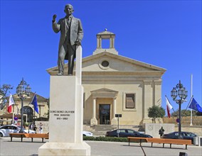 Stock Exchange building in former Garrison Chapel, Castille Square, Valletta, Malta statue of Prime