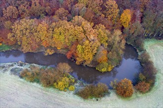 Aerial view of the Hunte in autumn, Meander, Hunte loop, Hunte, river, tree, forest, autumn