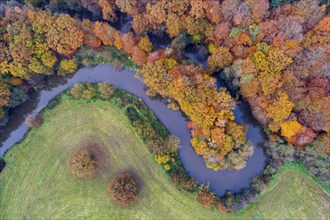 Aerial view of the Hunte in autumn, Meander, Hunte loop, Hunte, river, tree, forest, autumn