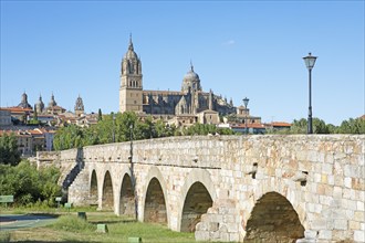 Puente Romano or Romanesque bridge, behind the cathedral of Salamanca, province of Salamanca,