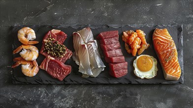 All meat, fish and eggs platter overhead. generative AI, AI generated