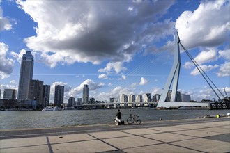 Skyline at the Nieuwe Maas, Erasmus Bridge, skyscrapers, man taking a break at the riverbank,