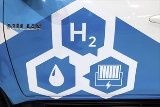 H2 hydrogen fuel cell logo on a Toyoa Hilux Fuel Cell Electric Vehicle at the IAA Transportation