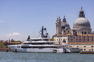 Exclusive private yachts moored on the Canale della Giudecca off Venice, Venice, Italy, Europe