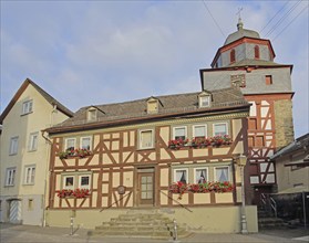 Bell tower of the Protestant church and half-timbered house, Runkel, Westerwald, Taunus, Hesse,