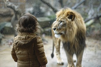 Young child watching lion in zoo behind glass. Generative AI, AI generated