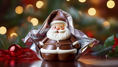 Chocolate Father Christmas, half wrapped in aluminium foil, in front of a Christmas background,