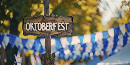 Banner with wooden sign with text 'Oktoberfest' at entry of traditional Bavarian German festival.