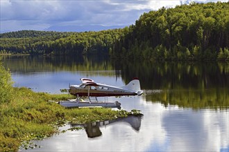 Seaplane Beaver de Havilland stands on the shore of a crystal-clear lake and is reflected in the