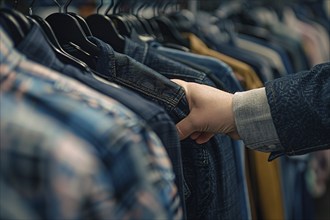 Hand browsing through rack full of shirts in clothing shop. Generative Ai, AI generated