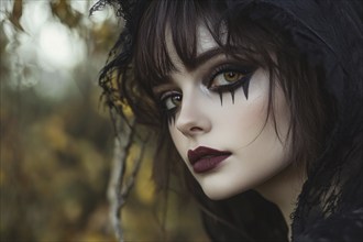 Young woman with black Halloween witch makeup. Generative Ai, AI generated