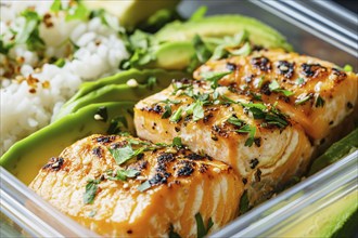 Meal prep with healthy grilled salmon fish, avocado and rice. Generative Ai, AI generated