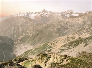 Furka Pass, Panorama, Bernese Oberland, Switzerland, Historic, digitally restored reproduction from