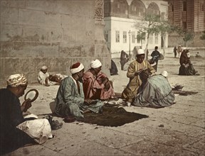 Cairo, Arab street hairdressers, Egypt, digitally restored reproduction from a 19th century