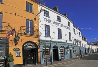 Historic colourful buildings, The White House pub, Kinsale, County Cork, Ireland, Irish Republic,