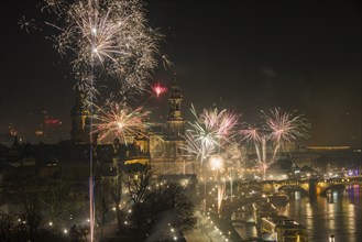 New Year's Eve fireworks over Dresden's Old Town, Dresden, Saxony, Germany, Europe