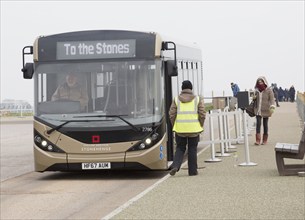 Visitor bus transport to and from the Stones, Stonehenge, Wiltshire, England, UK