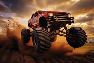 Monster truck driving and jumping outdoors amidst a cloud of dust. Thrill and adrenaline of an