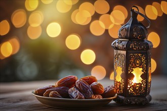 Ramadan lantern with a plate of succulent figs on bokeh background, set on an ornate table with