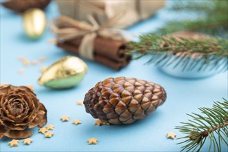 Christmas or New Year composition. Decorations, box, cinnamon, cones, fir and spruce branches, on a