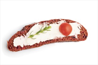 Red beet bread sandwiches with cream cheese and tomatoes isolated on white background. top view,