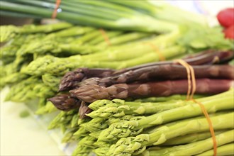 Green and purple asparagus, radishes in the background