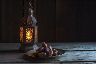 Ramadan lantern with a plate of succulent figs on dark background, set on an ornate table with