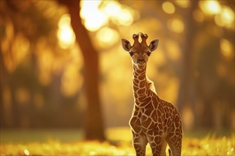 Baby giraffe standing amidst the golden rays of the setting sun, surrounded by nature beauty, AI