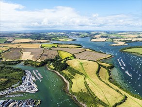 Salcombe and Mill Bay over Kingsbridge Estuary from a drone, Batson Creek, Southpool Creek, Devon,