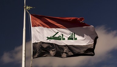 The flag of Iraq flutters in the wind, isolated against a blue sky