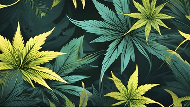 Abstract wallpaper highlighting stylized cannabis leaves in vibrant green and golden colors, AI