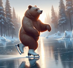 A brown bear skating on the ice, AI generated, AI generated