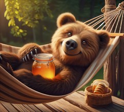 A brown bear lies in a hammock with a jar of honey, AI generated, AI generated