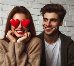 Lovers, a happy young woman in love with hearts as a symbol of love smiling next to a young man,