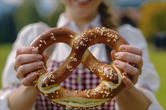 Close up of German pretzel held by hands of woman in traditional Bavarian attire. Generative AI, AI