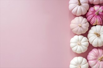 Top view of pink and white pumpkins on side of pastel pink background with copy space. Generative