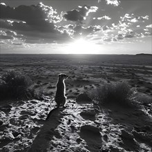 Meerkat silhouetted against the setting sun standing atop a termite mound in the kalahar desert, AI