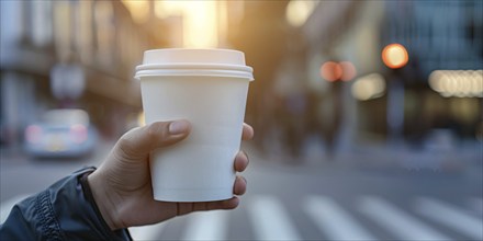 Person's hand holding white disposable coffee cup with blurry city in background. KI generiert,