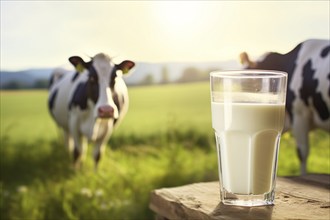 Glass of milk with cow on meadow in background. KI generiert, generiert, AI generated