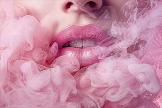 Close up of woman's lips surrounded by pink smoke. KI generiert, generiert, AI generated