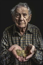 An elderly man holds coins in both hands and looks sadly into the camera, symbolising poverty in