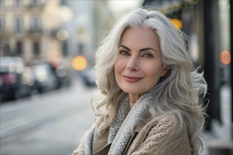 Beautiful elderly woman in her 50s or 60s with youthful appearance with gray hair with blurry stret