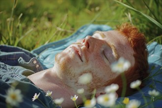 Teenager, young fair-skinned man with red hair and freckles lying on a spring meadow and basking in